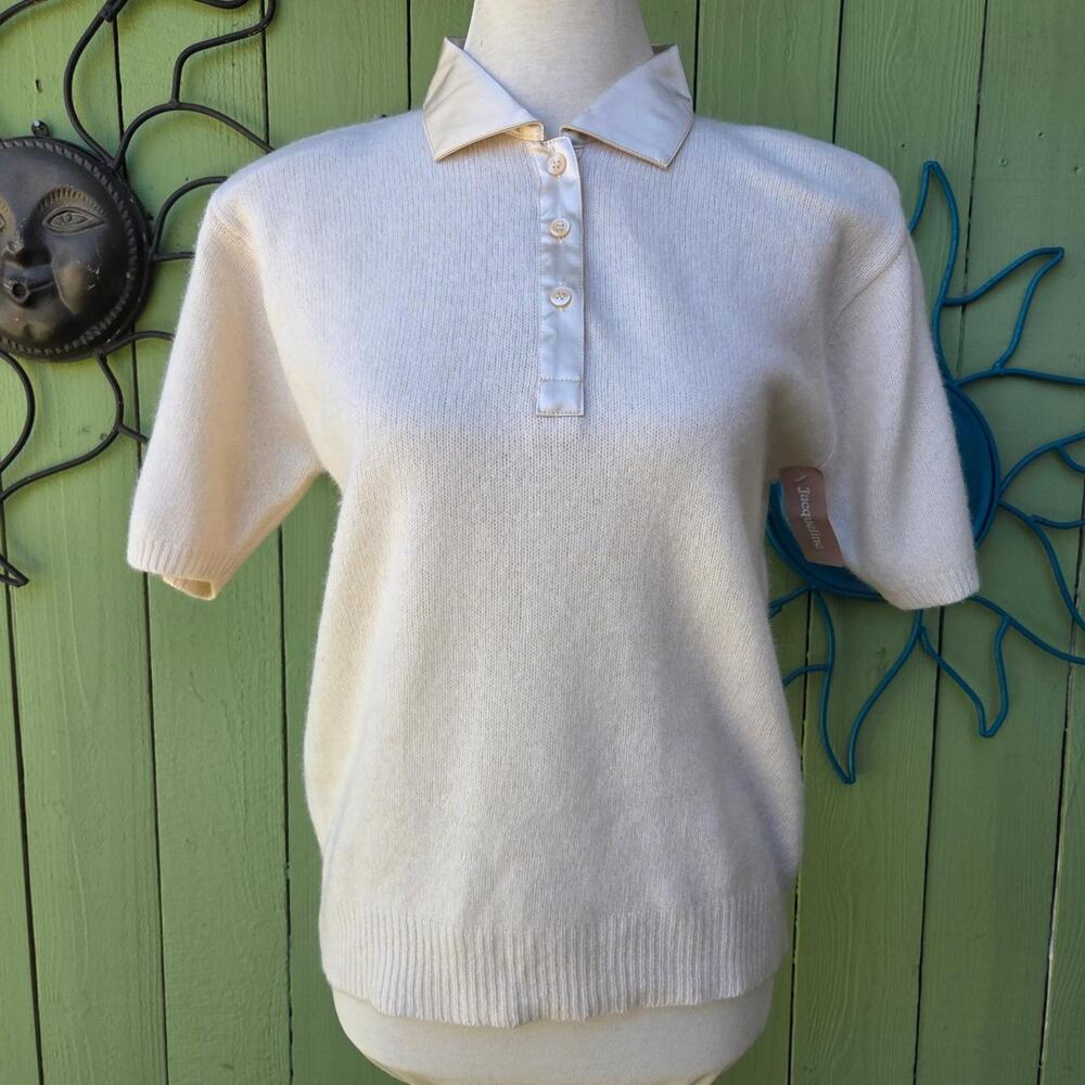 Vintage 1970s 1980s Jacqueline Cream Angora Lambswool Short Sleeve Polo Sweater